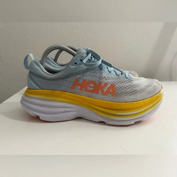 Hoka bondi 8 Women's Light Blue and Yellow Athletic Shoes - Picture 2 of 11